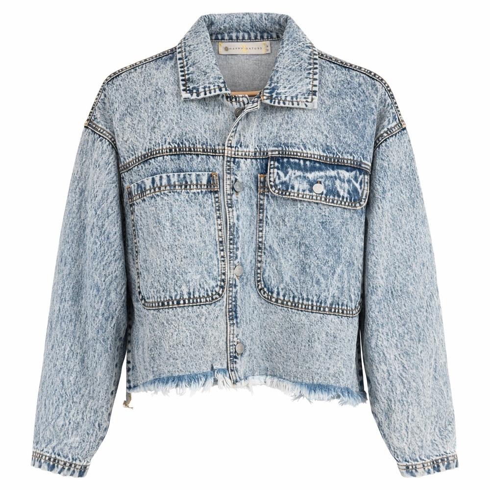 Happy Nature Womens Acid Wash Boxy Cropped Denim Jacket‎ Oversized M 90s Grunge